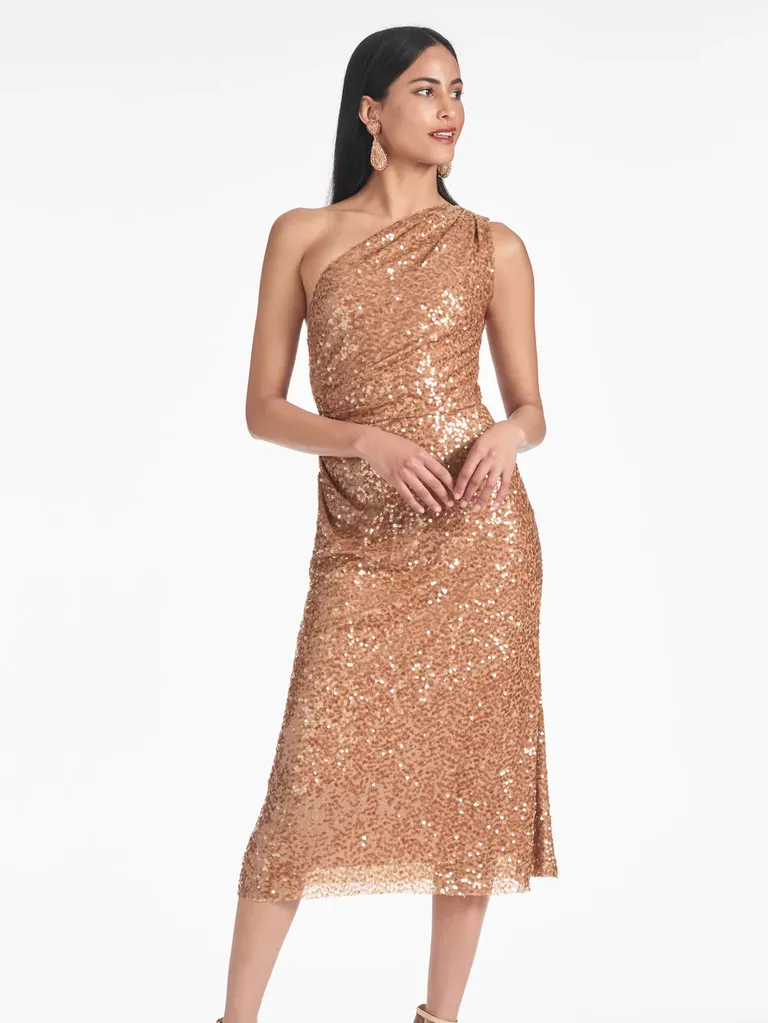 Sexy Brown Midi Dress - Ruched Glitter Dress - Slit Midi Dress