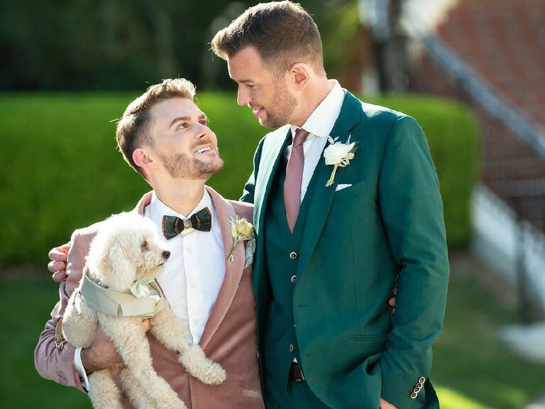 Grooms wearing pink and green suits on wedding day