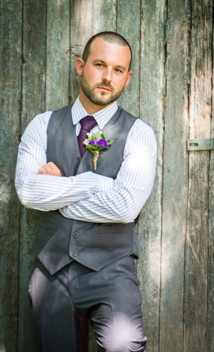 purple shirt grey vest