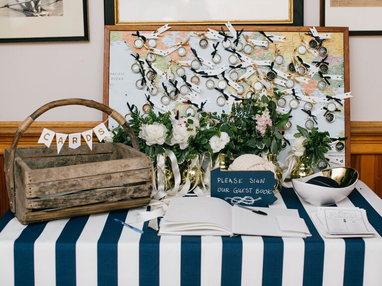 nautical wedding gift table with lobster crate card box and blue and white striped tablecloth