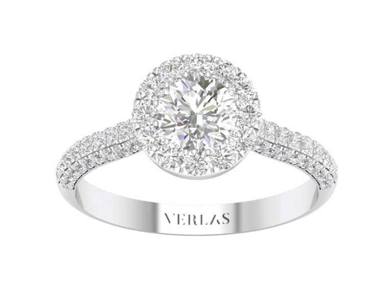 verlas round cut engagement ring with round diamond center stone round diamond halo diamond encrusted sides and white gold band