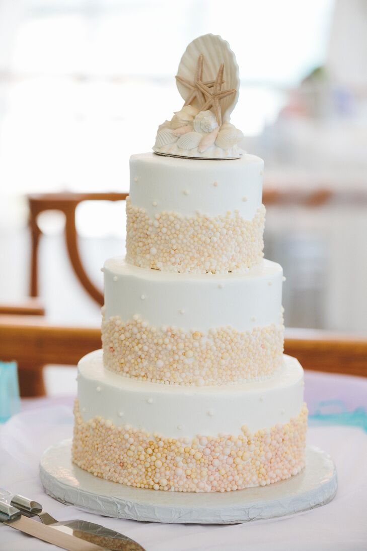 Beach Inspired Wedding Cake With Seashell Topper