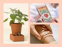 Three anniversary gifts for girlfriends: self-watering planter, personalized matchbox, name bracelet