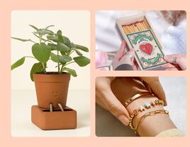 Three anniversary gifts for girlfriends: self-watering planter, personalized matchbox, name bracelet