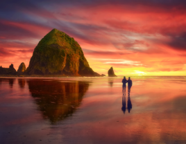 Proposal spot Haystack Rock at Cannon Beach, Oregon at sunset