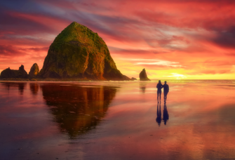 Proposal spot Haystack Rock at Cannon Beach, Oregon at sunset