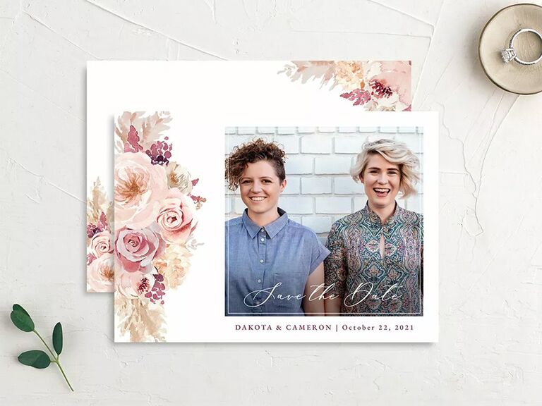 Pink watercolor florals on left side with personalized photo on right