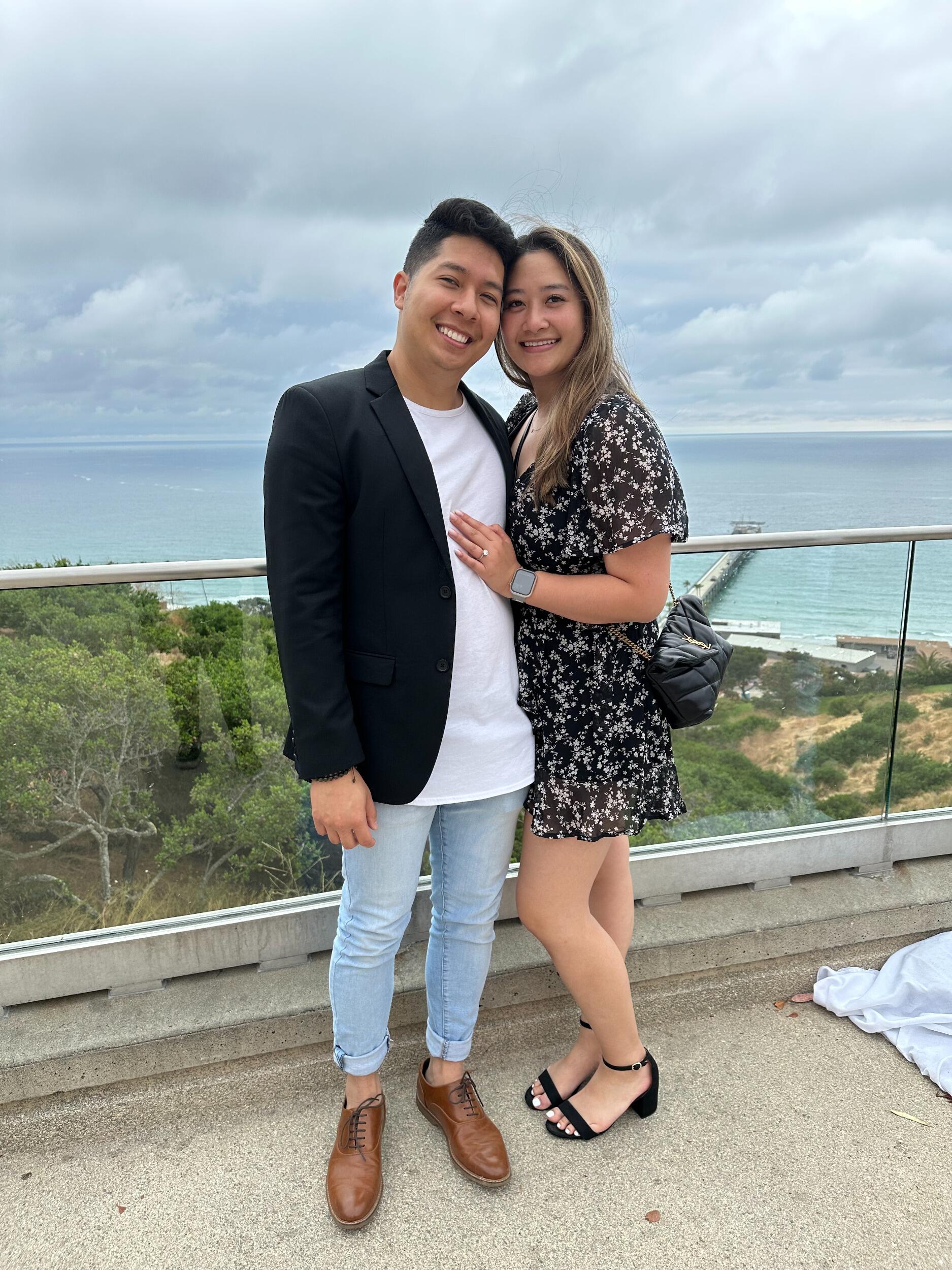 Engaged! Kevin drove us past my first apartment to UCSD, outside the classroom where we had our first awkward conversation. Then he brought me to Tender Greens and ordered the same meal we had on our first hang out.  We then went over to Birch Aquarium where he proposed.
