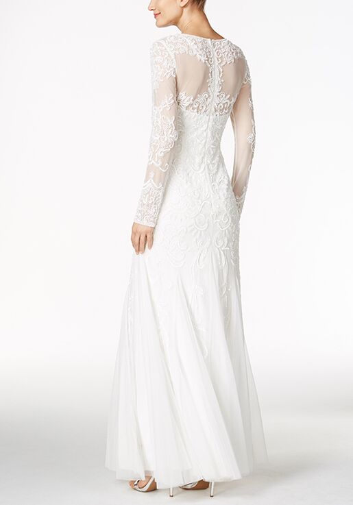 adrianna papell long sleeve lace beaded illusion gown