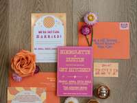 Retro pink and orange wedding invitation suite