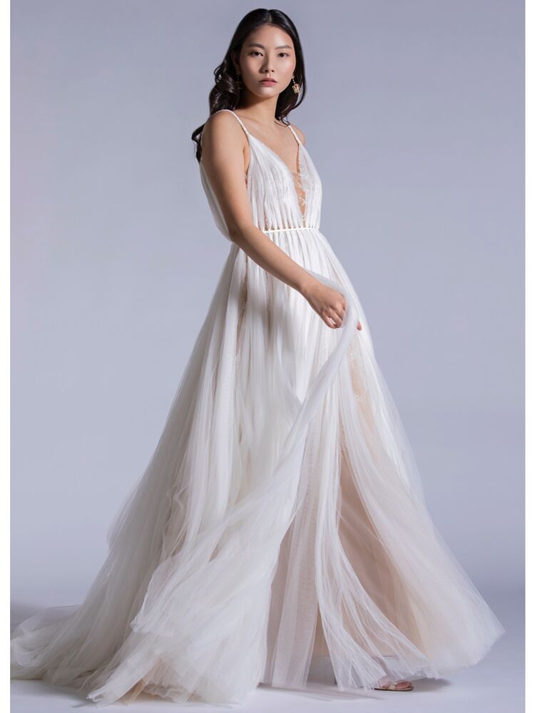 Watters tulle A-line wedding dress with deep V-neck