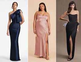 Collage of three black-tie bridesmaid dresses