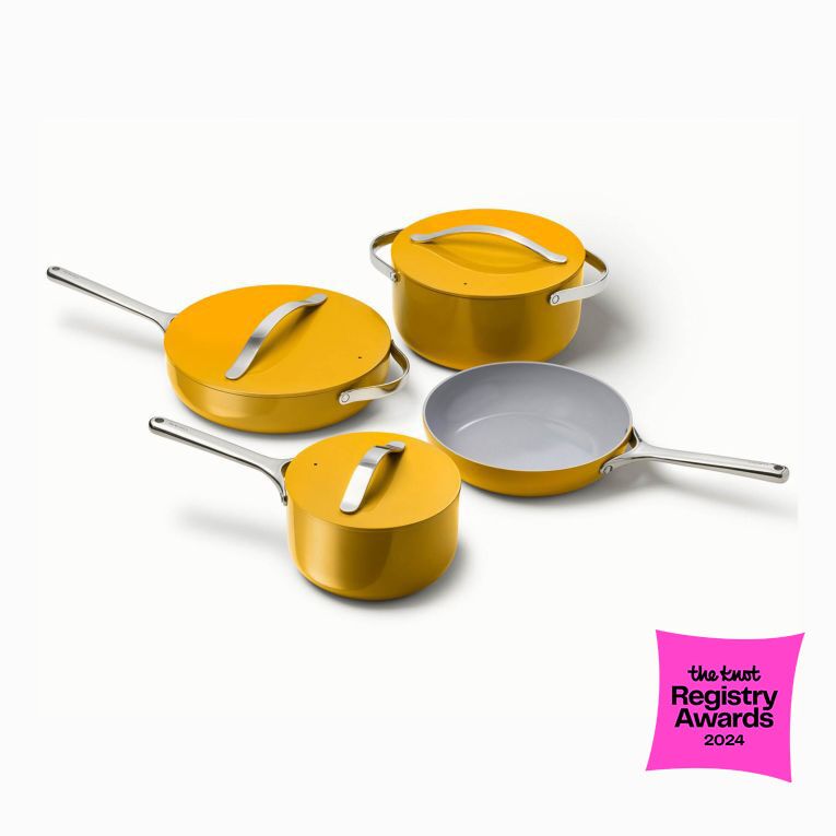 Yellow kitchen pot set with stainless steel handles