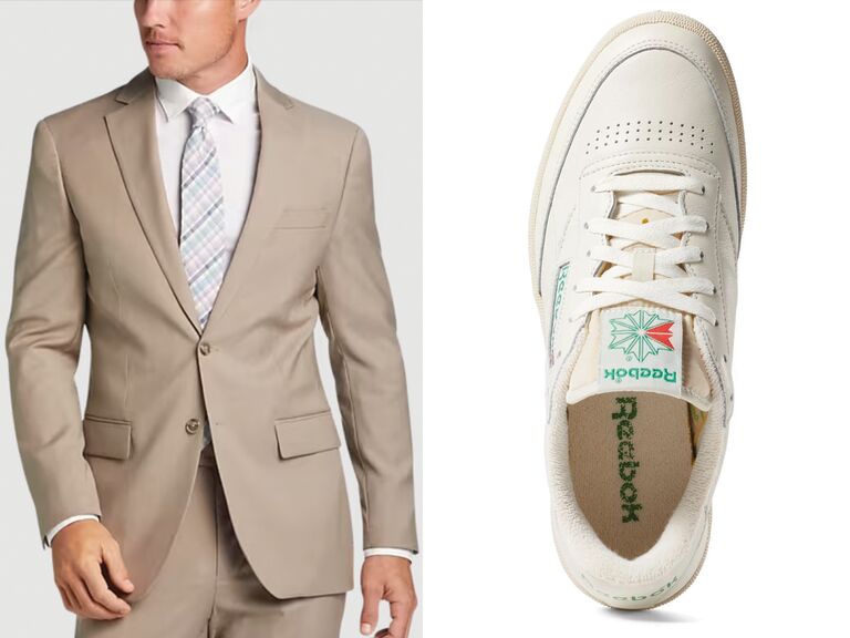 A tan suit and sneaker combo for your wedding day