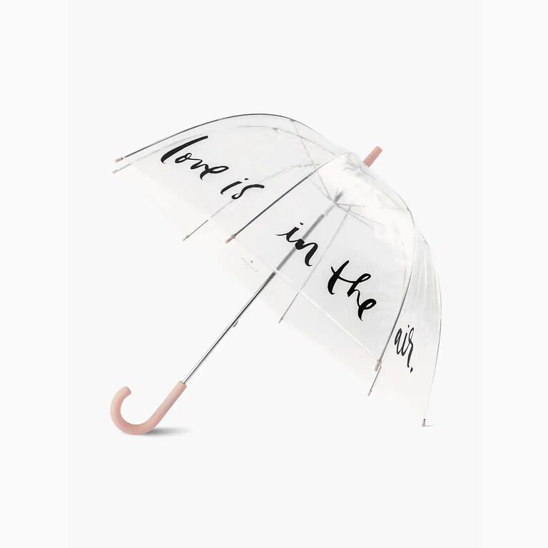 Transparent umbrella with the phrase "Love is in the air" printed on it. 