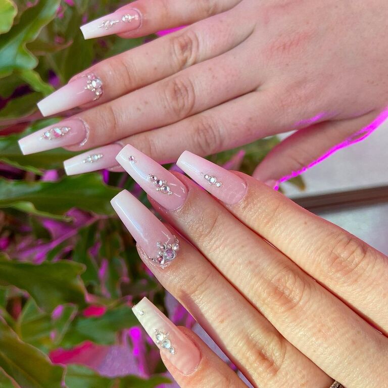 Pink Bedazzled Coffin Bridal Nails