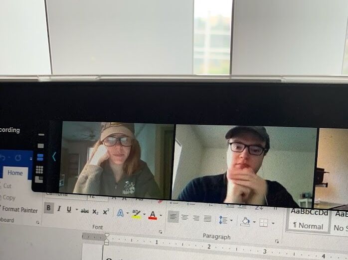 Our first photo together via Zoom! Taken by Mary's roommate during class. Our first "dates" were when Caleb would ask Mary to "go over our answers for that assignment together over Zoom." Caleb had long before submitted that assignment, and Mary hadn't even started that assignment. 