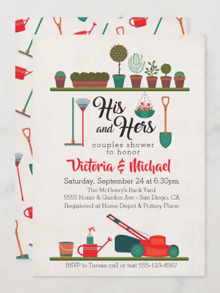 His and Hers in cursive text with colorful garden tool icons on white background