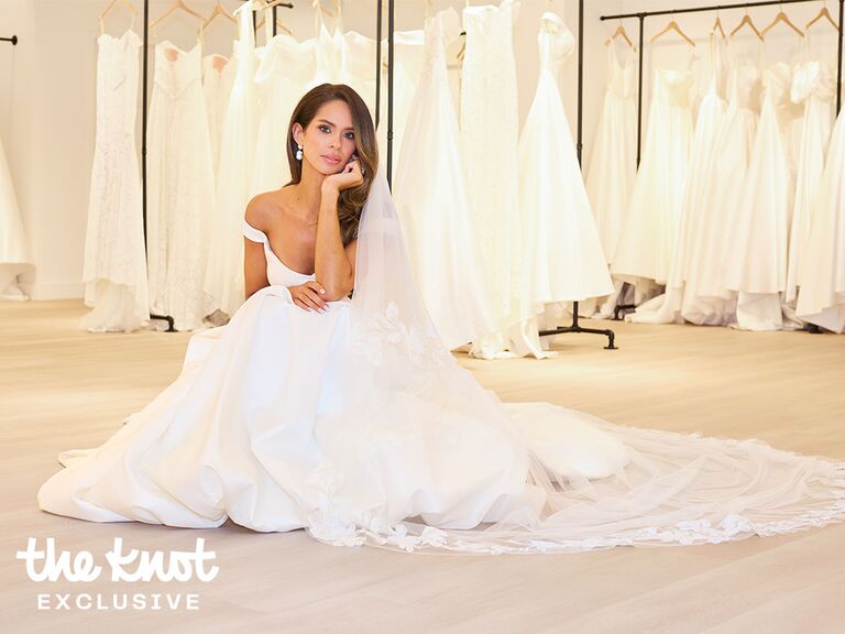 Kelsey Anderson trying on wedding dresses at Jenny Yoo salon