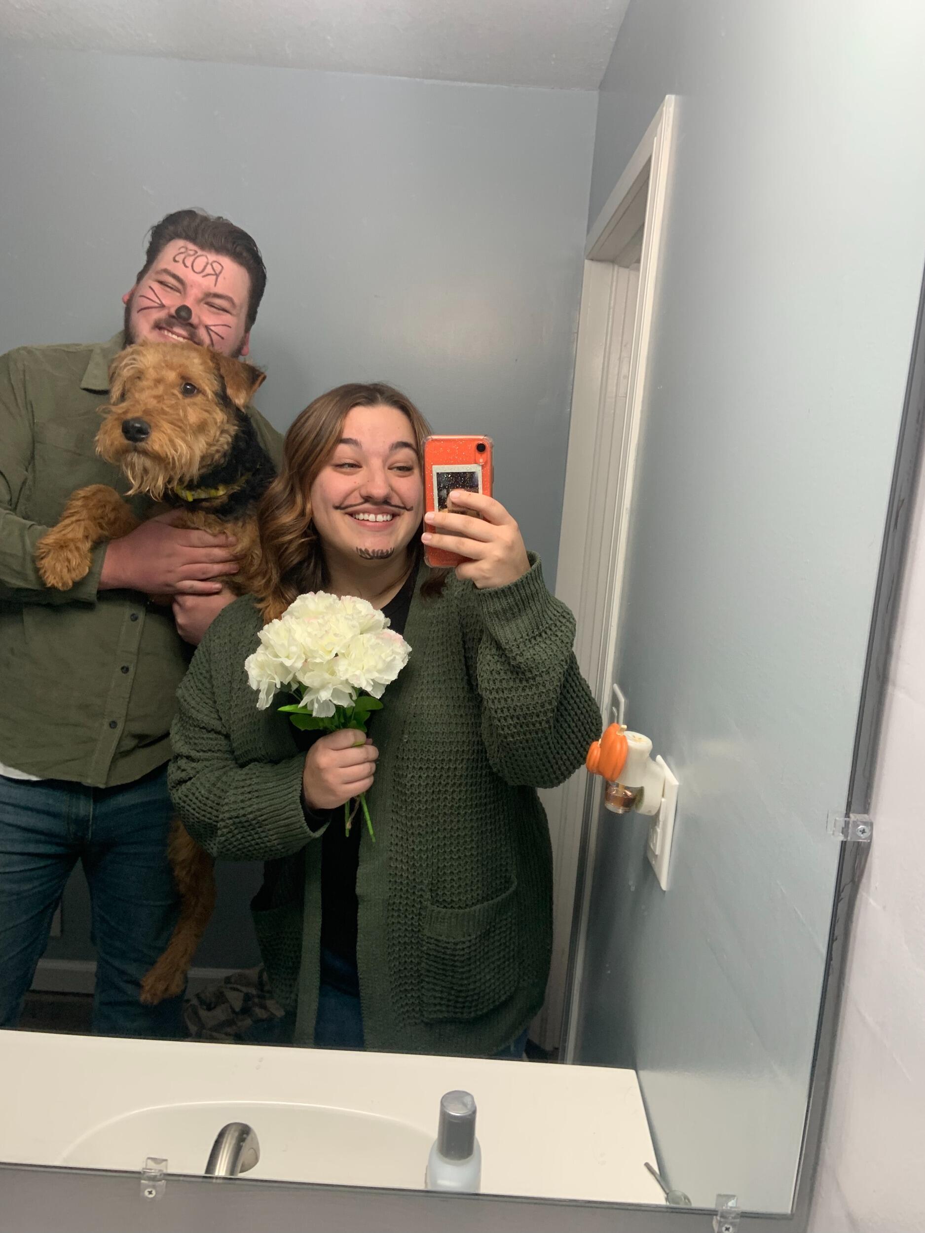 Levi and Torey dressed up as Ross and Rachel from Friends for Halloween. Dolly made an appearance too!