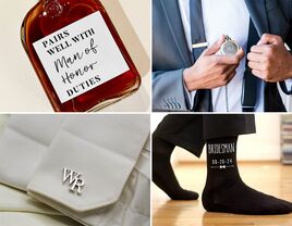 Bridesman gift ideas like a custom whiskey bottle, cuff links, dress socks and a pocket watch