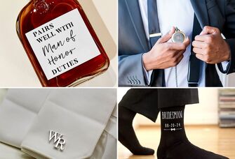 Bridesman gift ideas like a custom whiskey bottle, cuff links, dress socks and a pocket watch