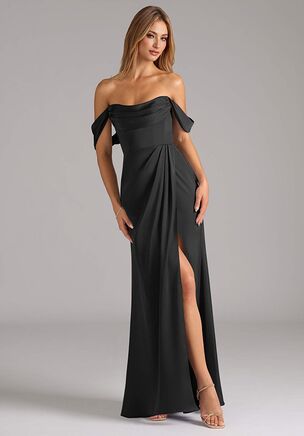 Striking and sophisticated, the Johana dress stuns in stretch satin with a figure-hugging mermaid silhouette and an elegant off-the-shoulder cowl neckline that can be worn with optional spaghetti straps or strapless. A sultry leg slit adds graceful movement and a modern touch to this timeless design.