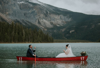 Bride and groom on canoe, Canadian wedding traditions