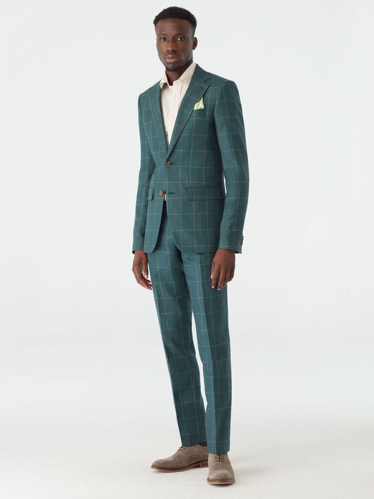 Indochino hunter-green suit with windowpane design for stylish men's cocktail attire outfit