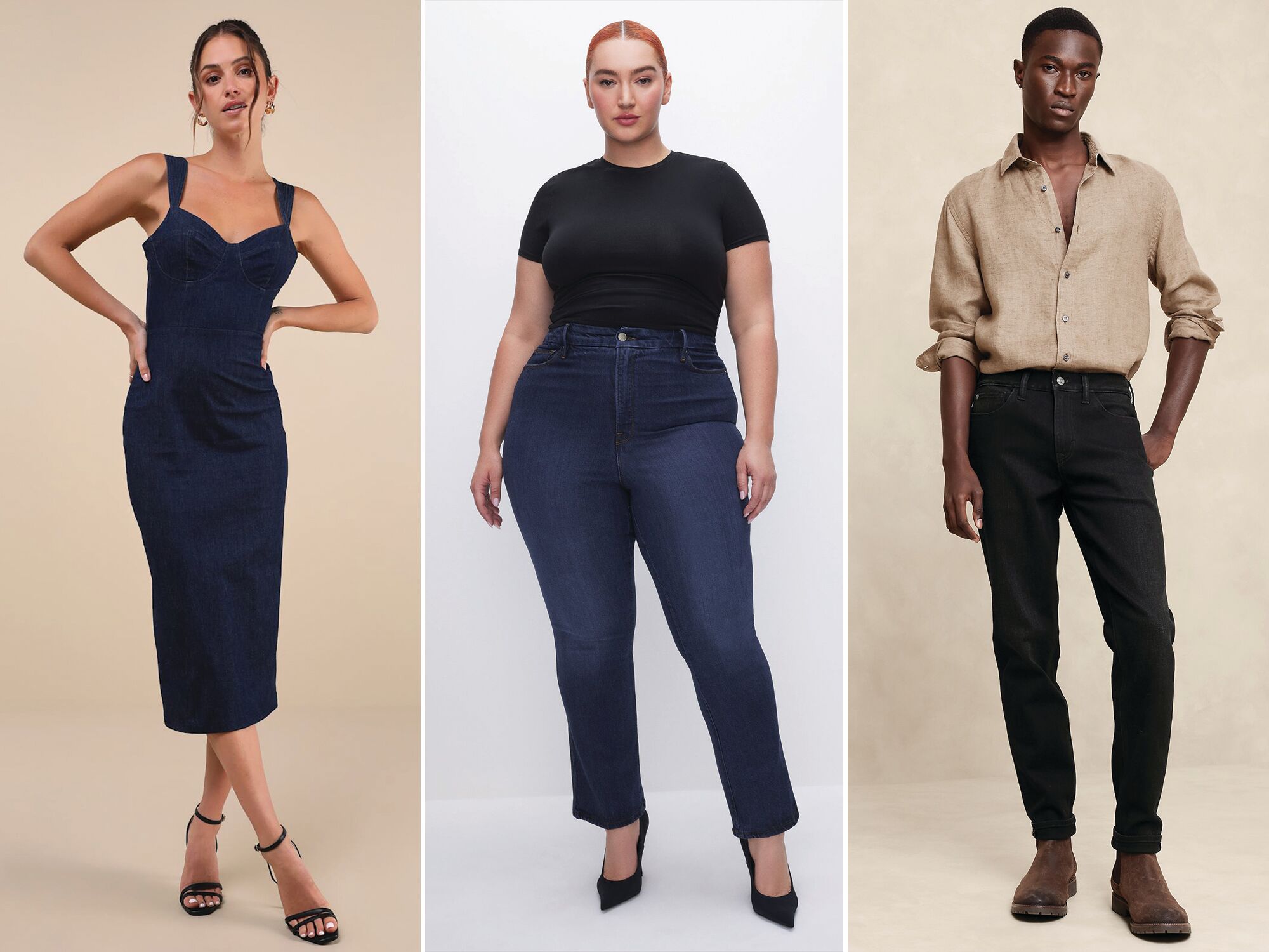 Stitch of three denim formal outfits for wedding events