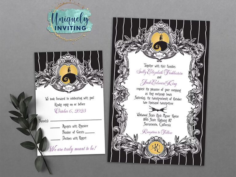 Nightmare Before Christmas details with black Victorian border on white background