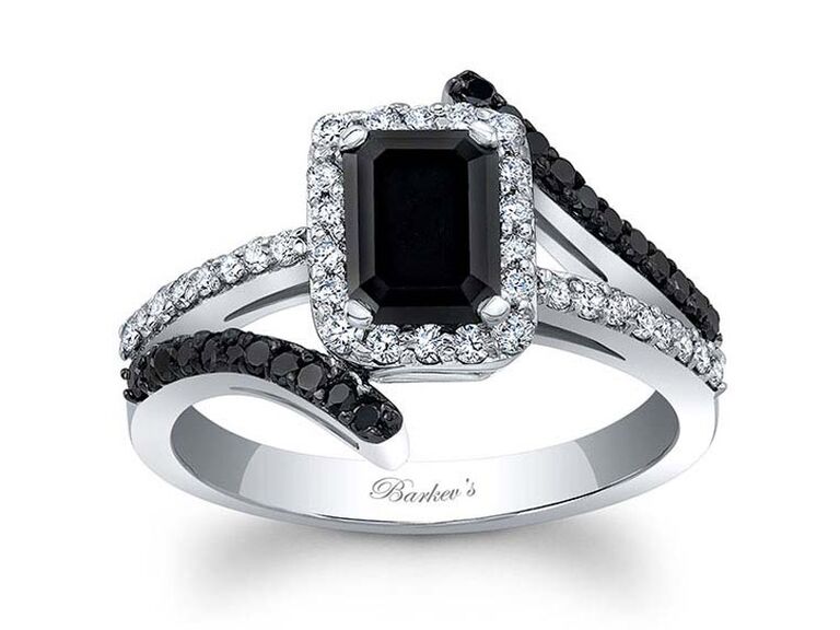barkev's emerald cut black diamond engagement ring with round diamond halo and round white black diamond split shank and white gold band