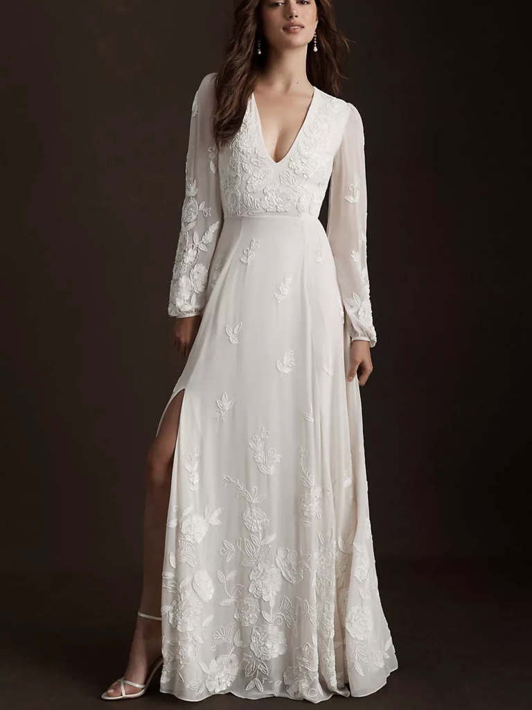 BHLDN v-neck long sleeve wedding gown