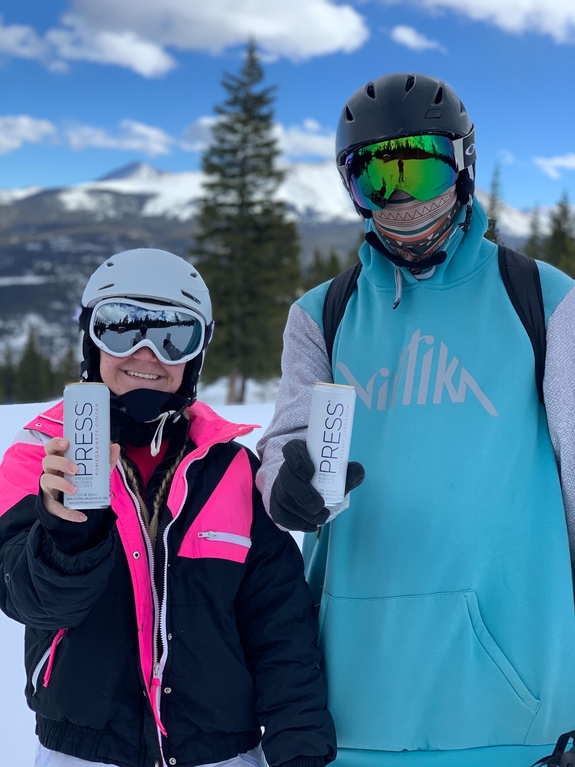 Skiing in Colorado (again) at Breckenridge! Enjoying our favorite seltzers with the best view.