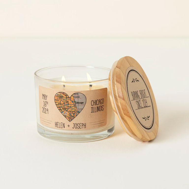 Anniversary map candle with wooden lid