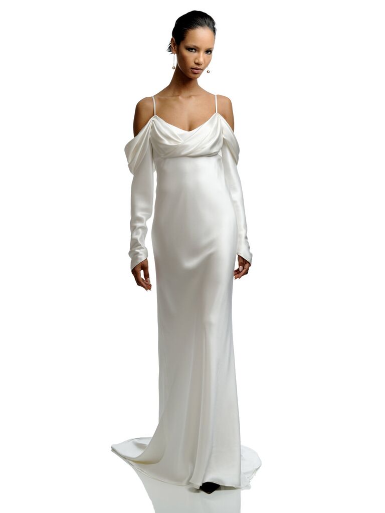 elizabeth filmore plain white silk-satin off the shoulder wedding slip dress with long sleeves and flowy skirt