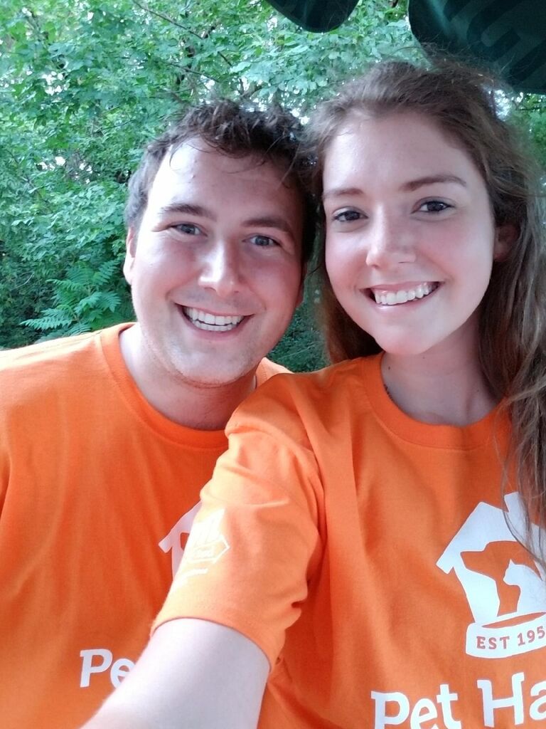 Nick and Elaina's first photo together! After meeting on Bumble, they attended a fundraising event for a dog shelter bonding over their shared love of dogs!