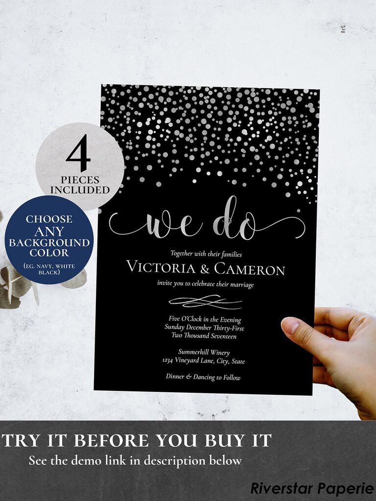 White confetti and 'We do' in white calligraphy above event details on black background