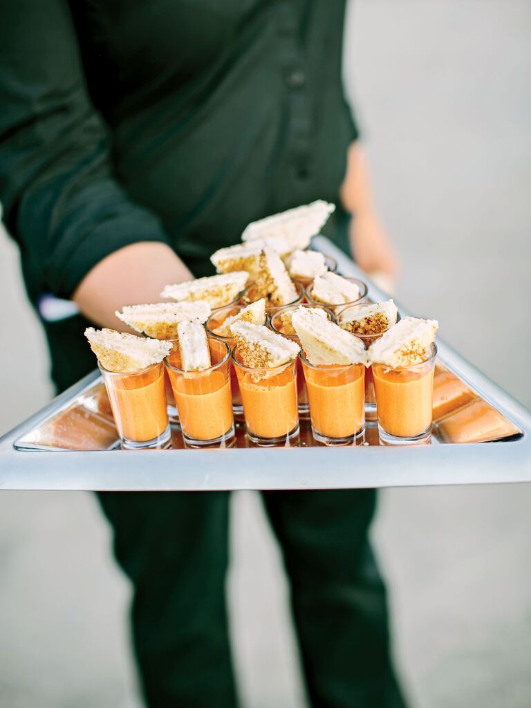 Grilled cheese triangles with tomato soup shooters