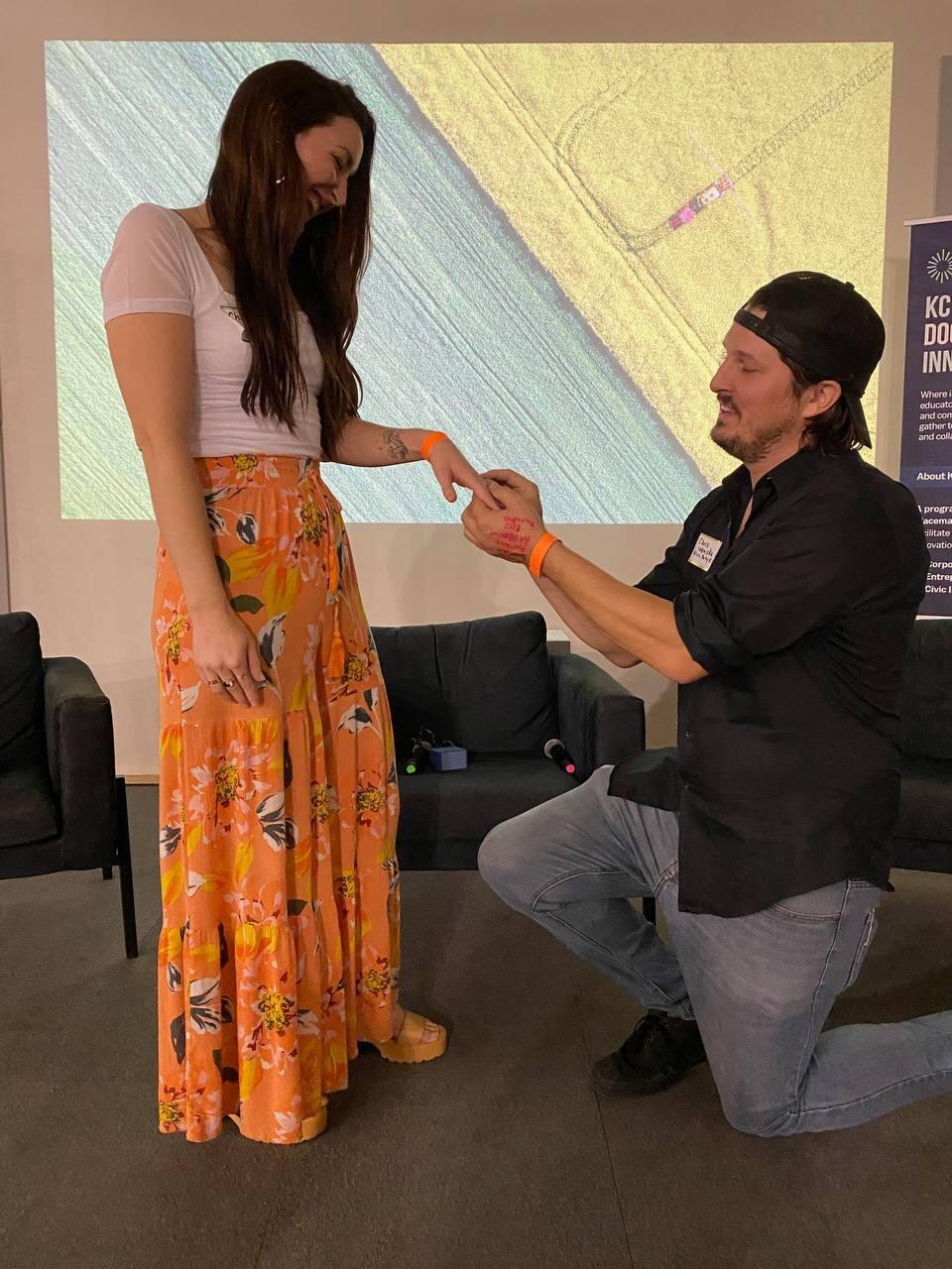 I (Chris) popped the question at our first Bitcoin Summit in Kansas City on stage in front of everyone at the end of the conference. It was a surprise for everyone, but it was beautiful, and I (Cheyenne) said yes.
