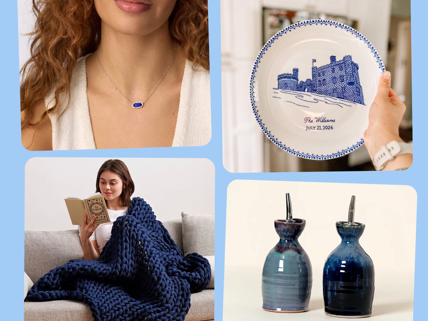 Collage of 18th anniversary gift ideas: cat's eye necklace, commemorative plate, olive oil cruet, weighted blanket