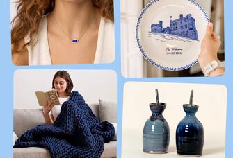 Collage of 18th anniversary gift ideas: cat's eye necklace, commemorative plate, olive oil cruet, weighted blanket