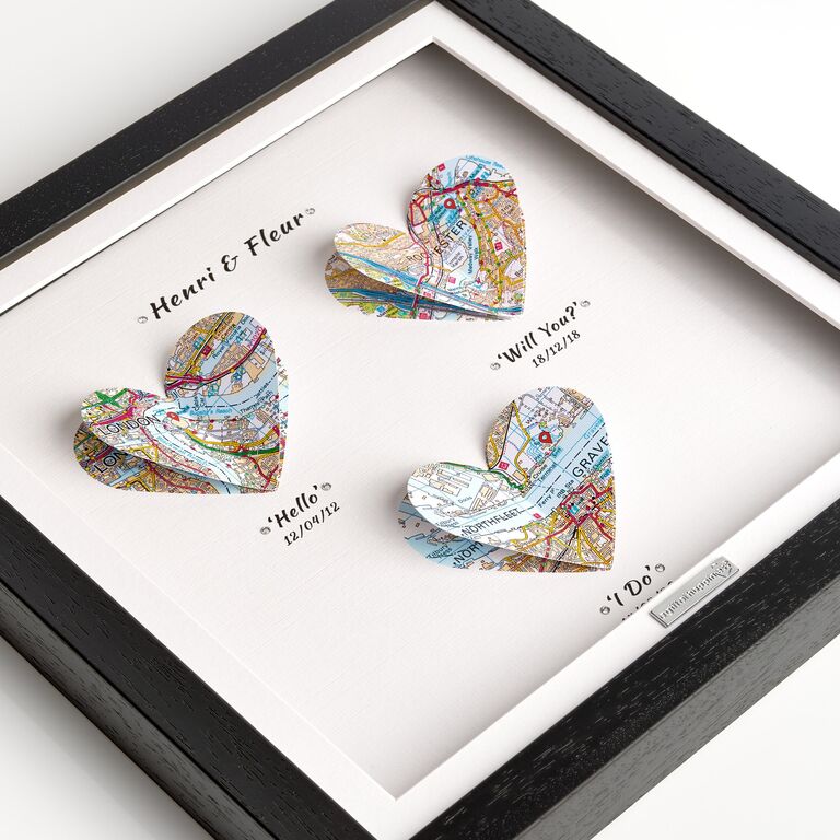 Custom print featuring 3-D hearts made from custom maps Etsy wedding gift idea