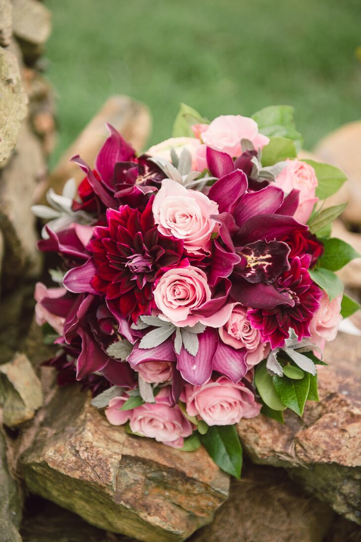 Burgundy And Pink Bridal Bouquet With Dahlias And Roses 1437