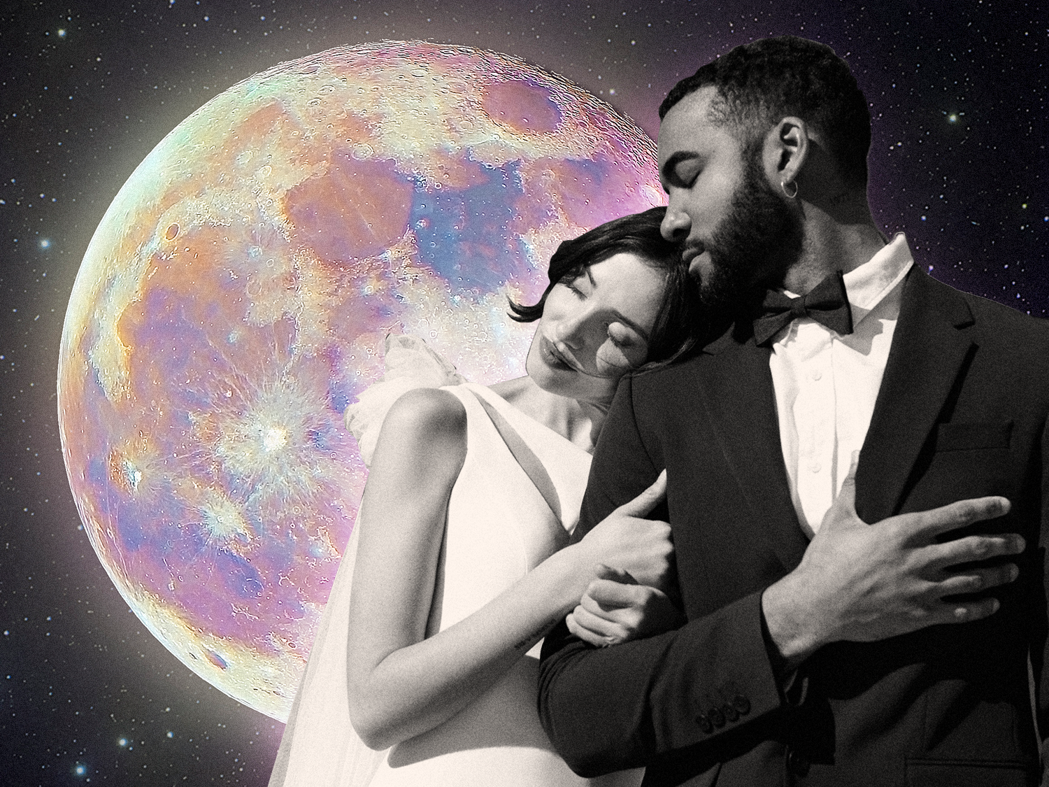 collage of couple on wedding day with full moon