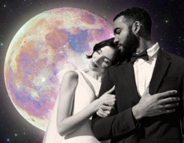 collage of couple on wedding day with full moon