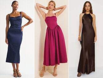 Collage of three petite wedding guest dresses