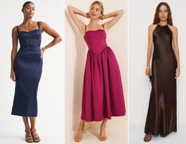 Collage of three petite wedding guest dresses