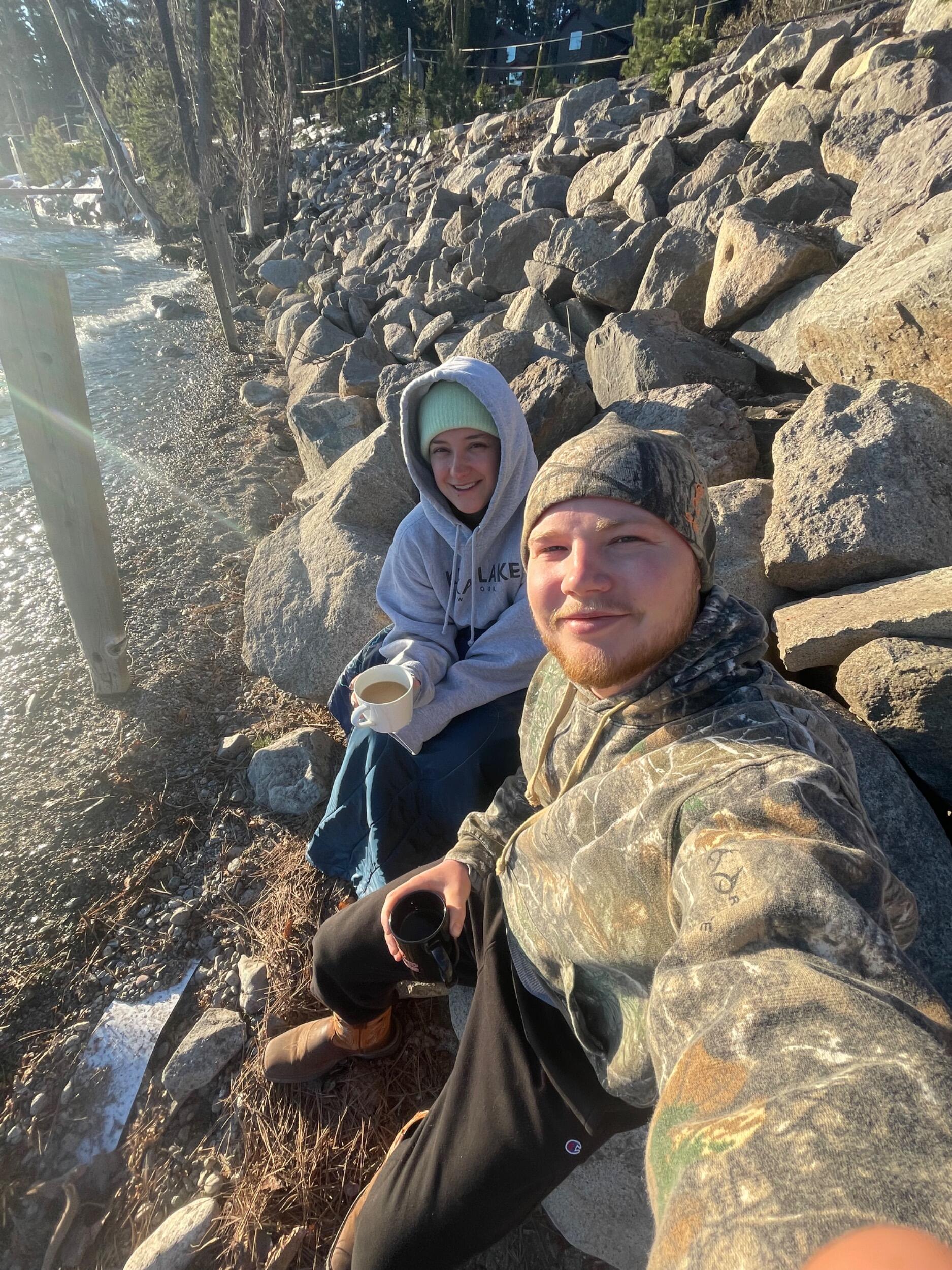 Morning coffee on the rocks on Lake Tahoe.