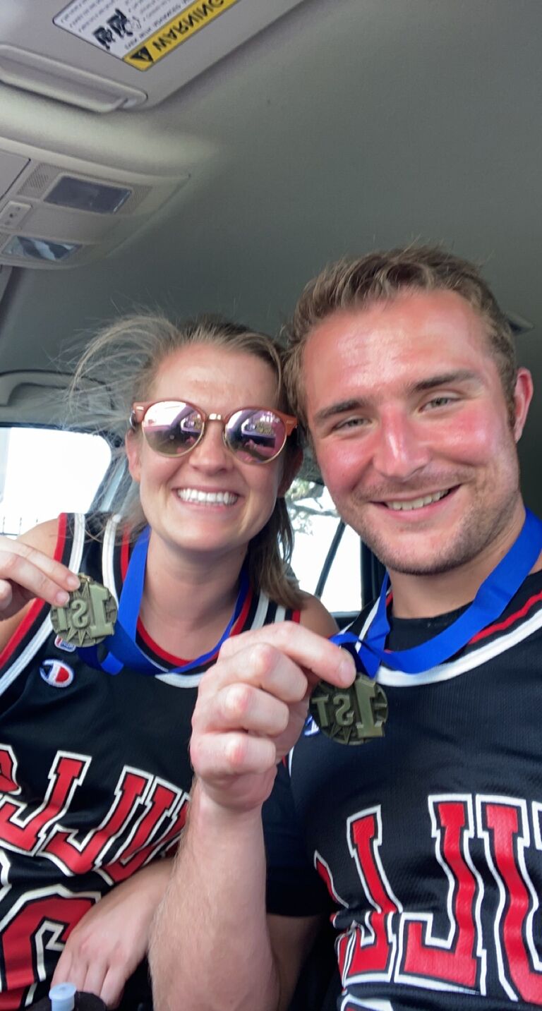 Our very fist picture together after winning first place in the Karbach backyard Olympics